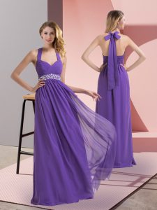Sleeveless Floor Length Beading and Ruching Side Zipper Prom Party Dress with Purple