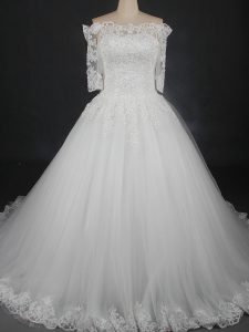 Adorable White Half Sleeves Lace Floor Length Wedding Gown