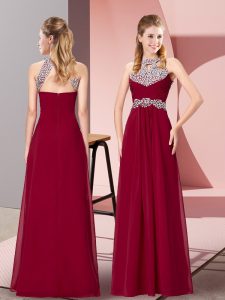 Fashionable Floor Length Zipper Prom Party Dress Burgundy for Prom and Sweet 16 and Beach with Beading and Ruching