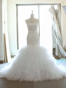 Sleeveless Tulle Brush Train Lace Up Wedding Dress in White with Beading and Ruffles