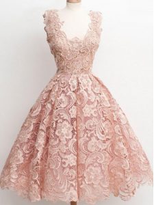 Superior Peach Lace Zipper Straps Sleeveless Knee Length Quinceanera Court Dresses Lace