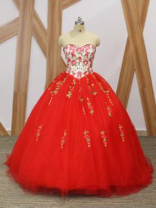 Red Sweet 16 Dress Military Ball and Sweet 16 and Quinceanera with Embroidery and Ruffled Layers Sweetheart Sleeveless Sweep Train Lace Up