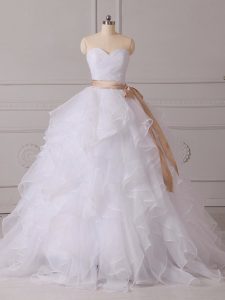 Custom Designed White Organza Lace Up Sweetheart Sleeveless Wedding Gowns Brush Train Beading and Ruffles and Sashes ribbons