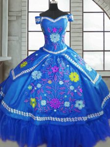 Blue Short Sleeves Floor Length Beading and Embroidery Lace Up Quinceanera Gown
