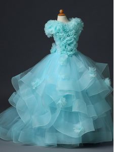 Aqua Blue Ball Gowns Ruffles and Hand Made Flower Little Girls Pageant Dress Wholesale Lace Up Tulle Sleeveless Floor Length