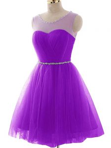 Mini Length Purple Prom Dresses Tulle Sleeveless Beading and Ruching