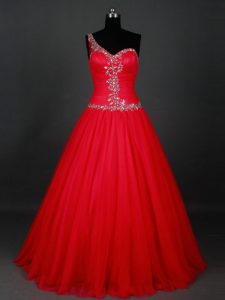 Low Price Floor Length Red Evening Dress One Shoulder Sleeveless Zipper