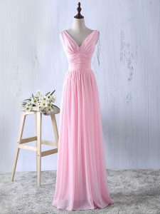 Glamorous Floor Length Baby Pink Dama Dress Chiffon Sleeveless Ruching