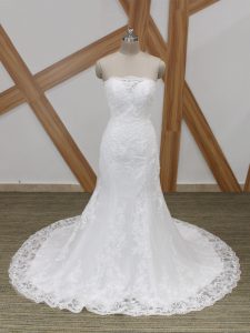 Unique White Bridal Gown Scalloped Sleeveless Brush Train Lace Up