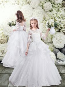 White Tulle Lace Up Scoop Half Sleeves Flower Girl Dresses for Less Brush Train Lace and Ruffles