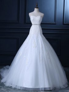 Luxury Sweetheart Sleeveless Wedding Gowns Court Train Beading and Lace White Tulle