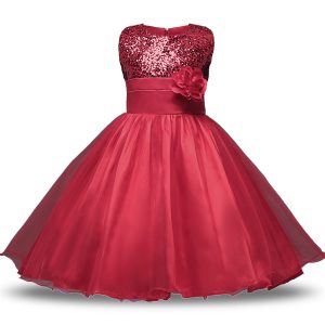 Wine Red Ball Gowns Organza and Sequined Scoop Sleeveless Bowknot and Belt and Hand Made Flower Knee Length Zipper Toddler Flower Girl Dress