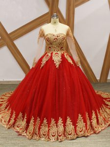 Latest Long Sleeves Tulle Court Train Lace Up Quinceanera Gowns in Wine Red with Beading and Appliques