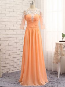 Hot Sale Orange Long Sleeves Floor Length Lace and Appliques and Ruching Zipper Evening Dresses