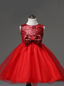 Red Tulle Zipper Scoop Sleeveless Tea Length Child Pageant Dress Sequins and Bowknot