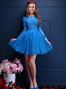 Stylish Teal 3 4 Length Sleeve Beading and Lace and Appliques Mini Length Quinceanera Dama Dress