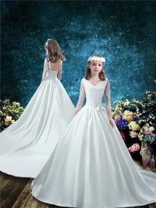 Beauteous Court Train Ball Gowns Flower Girl Dresses for Less White V-neck Taffeta 3 4 Length Sleeve Lace Up