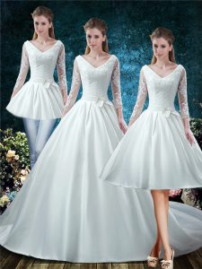 High Quality White V-neck Lace Up Lace and Belt Bridal Gown Court Train 3 4 Length Sleeve