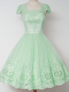 Apple Green A-line Tulle Square Cap Sleeves Lace Knee Length Zipper Bridesmaid Dress