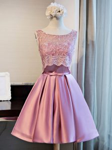 Elegant Lilac A-line Satin Scoop Sleeveless Lace and Appliques and Belt Mini Length Lace Up Junior Homecoming Dress