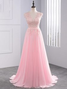 Sleeveless Appliques Side Zipper Evening Gowns with Baby Pink Brush Train