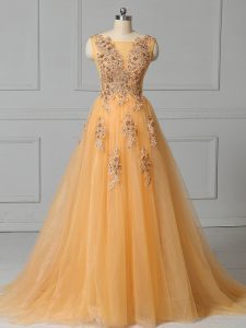 Discount Gold Dress for Prom Tulle Brush Train Sleeveless Appliques and Pattern