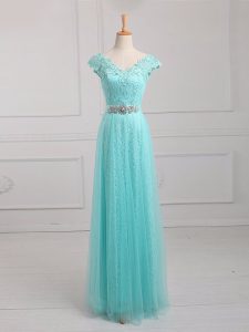 Designer V-neck Cap Sleeves Lace Up Mother of Bride Dresses Aqua Blue Tulle and Lace