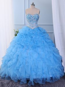 Floor Length Lace Up Quinceanera Dress Baby Blue for Prom and Party and Military Ball and Sweet 16 and Quinceanera with Beading and Embroidery and Ruffled Layers