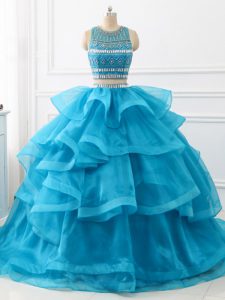 Artistic Baby Blue Two Pieces Beading and Ruffles 15th Birthday Dress Backless Tulle Sleeveless