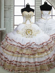 Excellent White Sweetheart Neckline Beading and Embroidery and Ruffled Layers Quinceanera Dress Sleeveless Lace Up