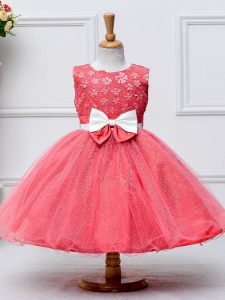 Popular Coral Red Zipper Scoop Lace and Bowknot Little Girls Pageant Dress Wholesale Tulle Sleeveless