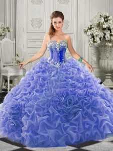 Beautiful Blue Ball Gowns Organza Sweetheart Sleeveless Beading and Ruffles Lace Up 15th Birthday Dress Court Train