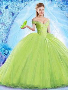Fitting Yellow Green Sleeveless Organza Brush Train Lace Up Quinceanera Dresses for Military Ball and Sweet 16 and Quinceanera