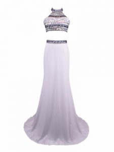 Cheap Sleeveless Beading Zipper Prom Dress with White Brush Train