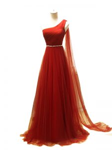 Customized Tulle One Shoulder Sleeveless Brush Train Zipper Beading and Ruching Formal Evening Gowns in Rust Red