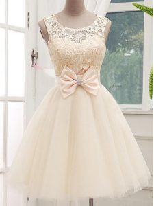 Elegant Champagne A-line Lace and Bowknot Vestidos de Damas Lace Up Tulle Sleeveless Knee Length