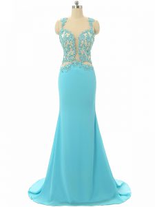 Custom Designed Sleeveless Brush Train Backless Lace and Appliques Formal Dresses
