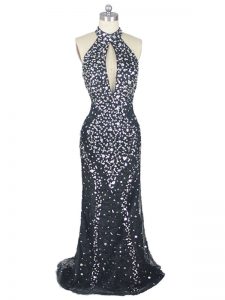 Admirable Zipper Celebrity Dress Black for Prom and Party and Military Ball with Beading Brush Train