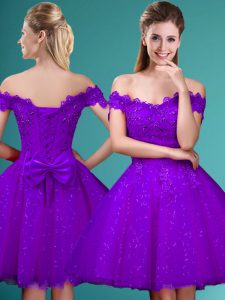 Fabulous Cap Sleeves Knee Length Lace and Belt Lace Up Quinceanera Dama Dress with Eggplant Purple