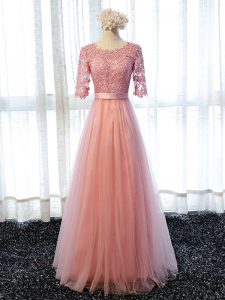 Lace Court Dresses for Sweet 16 Pink Lace Up Half Sleeves Floor Length