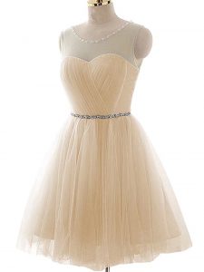 Dazzling Champagne Scoop Neckline Beading and Ruching Prom Gown Sleeveless Lace Up