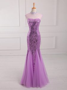 Great Lilac Going Out Dresses Prom and Party and Military Ball with Beading and Sequins Halter Top Sleeveless Lace Up