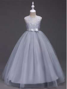 Simple Grey A-line Tulle Scoop Sleeveless Lace Floor Length Zipper Flower Girl Dress