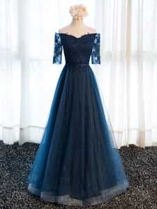 Modest Navy Blue Half Sleeves Tulle Lace Up Mother of Groom Dress for Prom and Party and Sweet 16