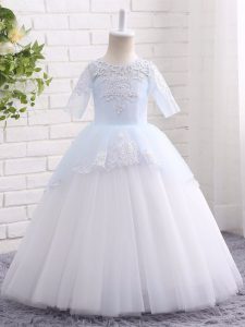 Eye-catching Half Sleeves Floor Length Appliques Clasp Handle Little Girl Pageant Gowns with Blue And White