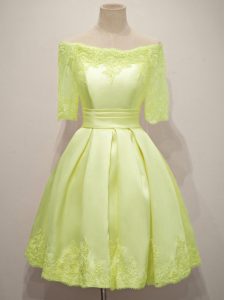 Yellow Lace Up Off The Shoulder Lace Bridesmaid Dress Taffeta Half Sleeves
