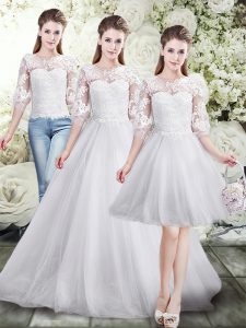 White Three Pieces Scoop Half Sleeves Tulle Floor Length Lace Up Lace Wedding Gowns