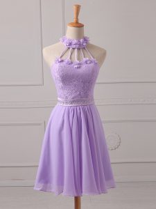Chic Halter Top Sleeveless Court Dresses for Sweet 16 Mini Length Lace and Appliques Lavender Chiffon
