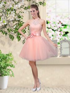 Dazzling Peach Sleeveless Lace and Belt Knee Length Bridesmaid Gown