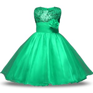 Deluxe Ball Gowns Flower Girl Dresses for Less Turquoise Scoop Organza and Sequined Sleeveless Knee Length Zipper